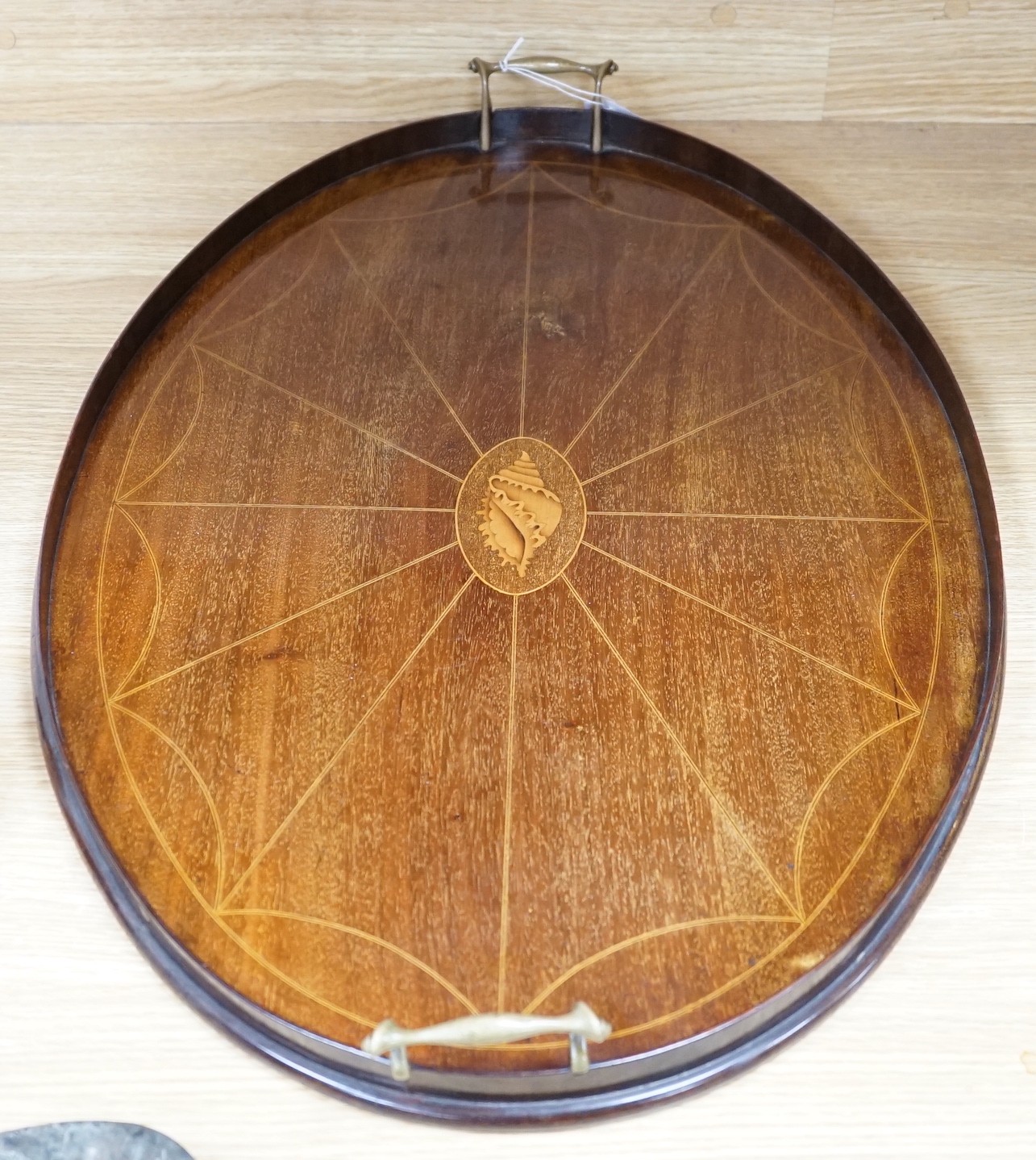 A Sheraton revival mahogany and marquetry tray, 69cm handle to handle